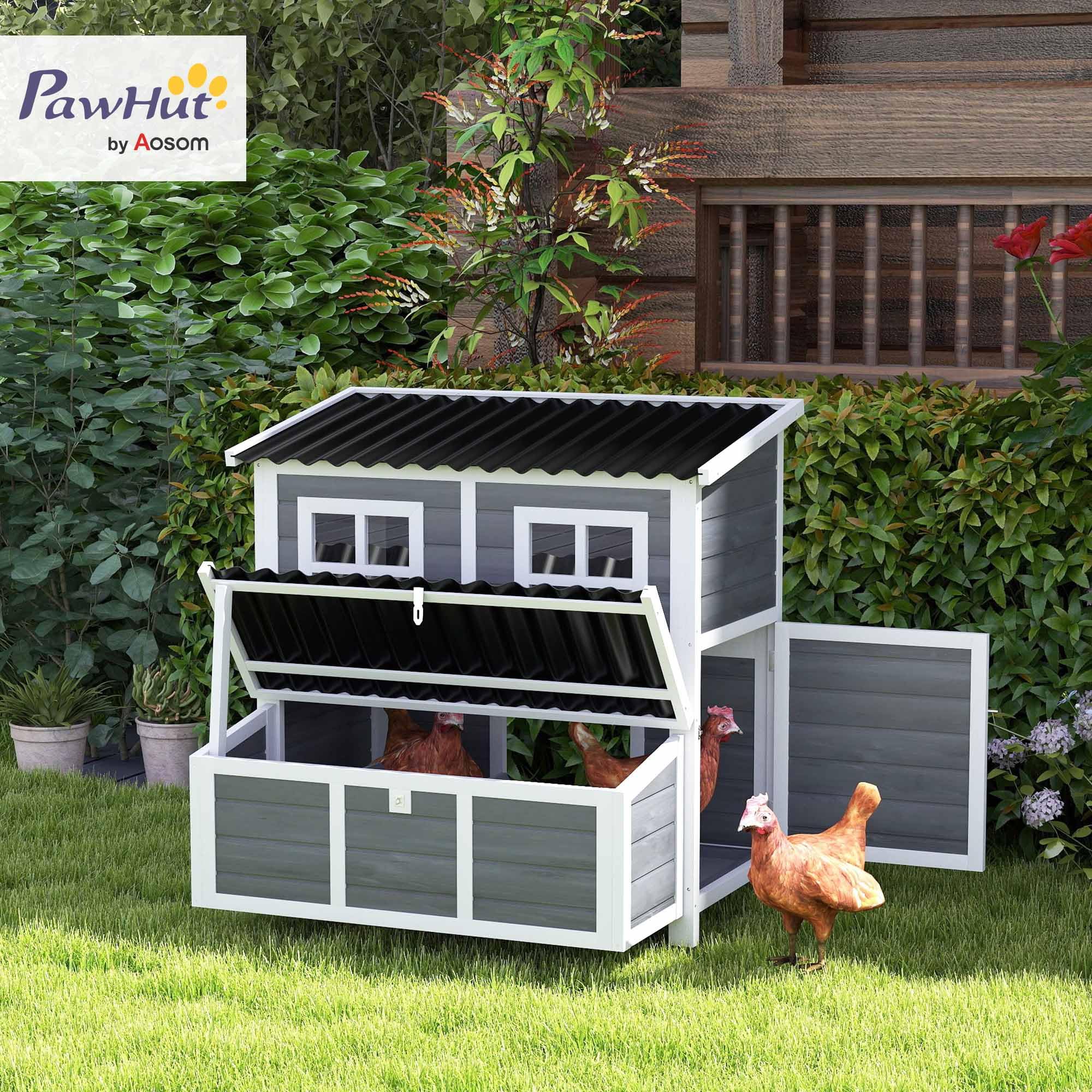 PawHut Wooden Chicken Coop, 39 Chicken House with Nesting Box, Pull-Out Tray, Waterproof Roof, Hen House Outdoor Poultry Cage fo